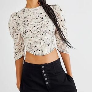 Free People Monica Top Floral Printed Puff Sleeve Smocked Corset Cropped